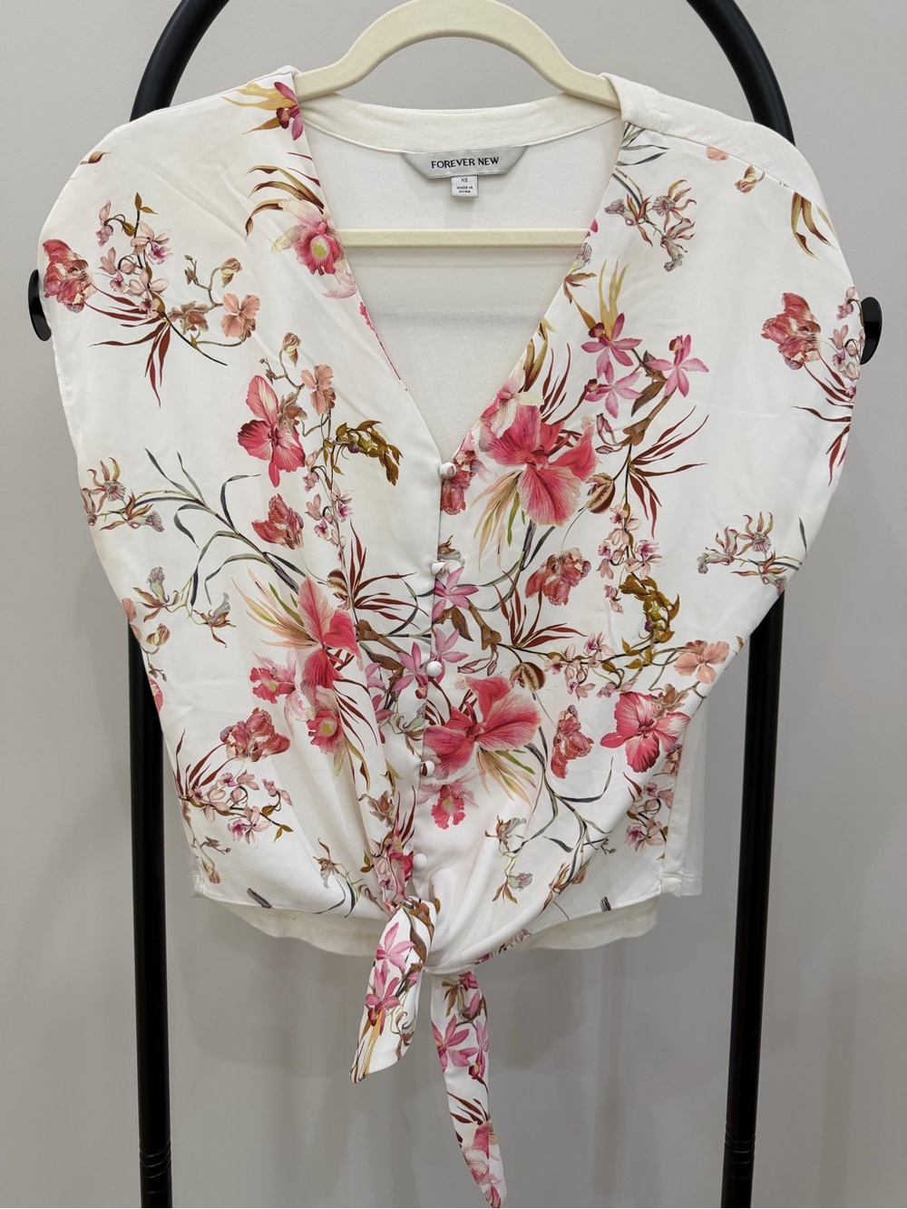Forever New Cream Floral Tie-Front Blouse with Pink Flowers